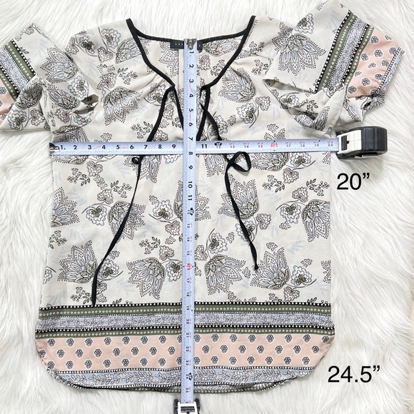 Sanctuary Floral Motif Print Pastel Cream Black Mixed Media Tie Neck Tunic Top S - Picture 9 of 9